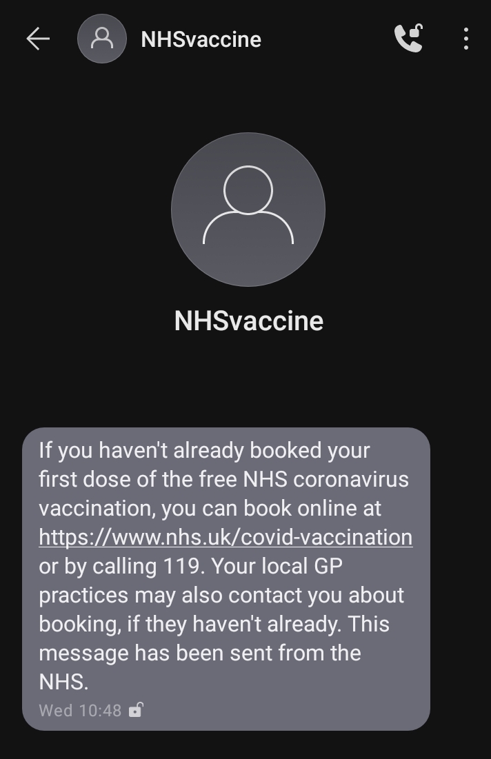 Text message sent by the NHS for vaccination