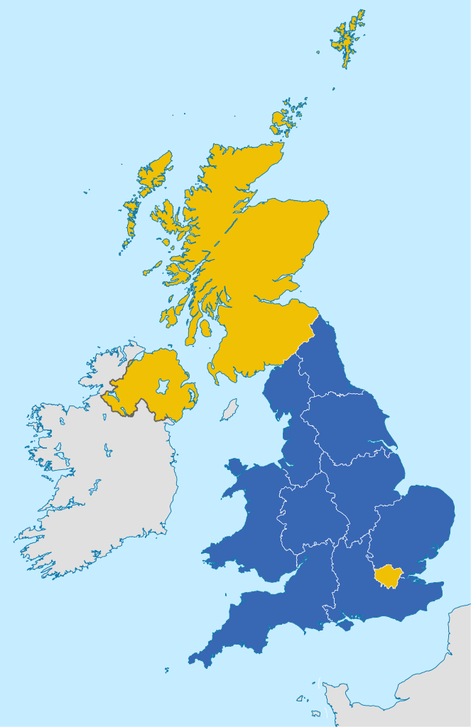Map of the United Kingdom showing the regional counting areas for the European Union membership referendum, 2016.  - Author: Furfur; Wikipedia