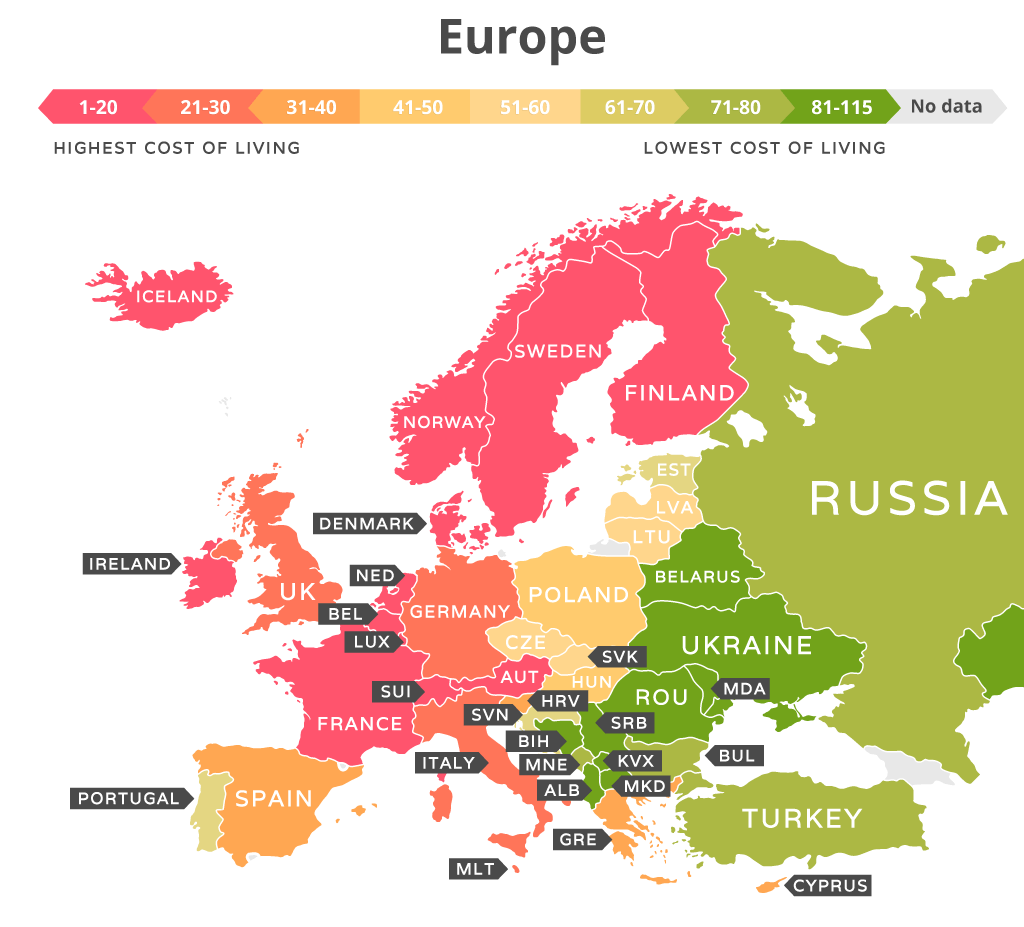 Cost of living in Europe - Source: movehub.com